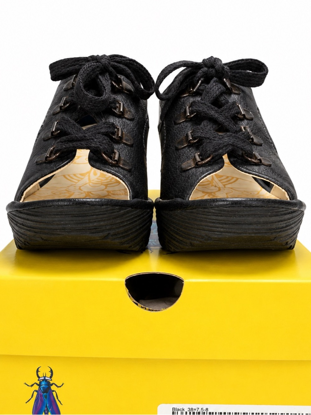Fly London Mousse Black Lace-Up Wedge Sandals Women’s EU 38 US 7.5-8 Leather - Picture 4 of 9